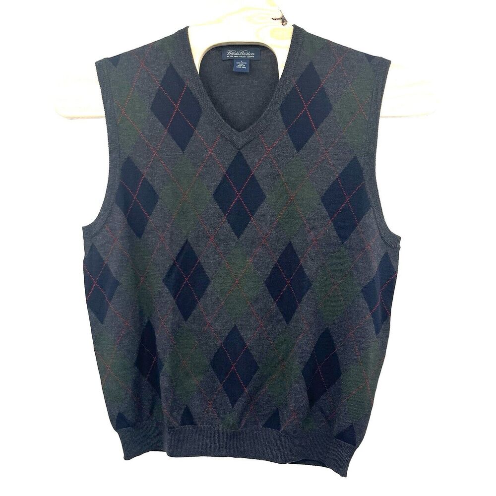 Brooks Brother Sweater Men Large Merino Wool Knit Argyle Rhombus Italian Vintage - Picture 3 of 5